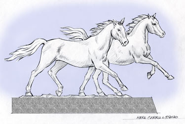 A drawing of two horses